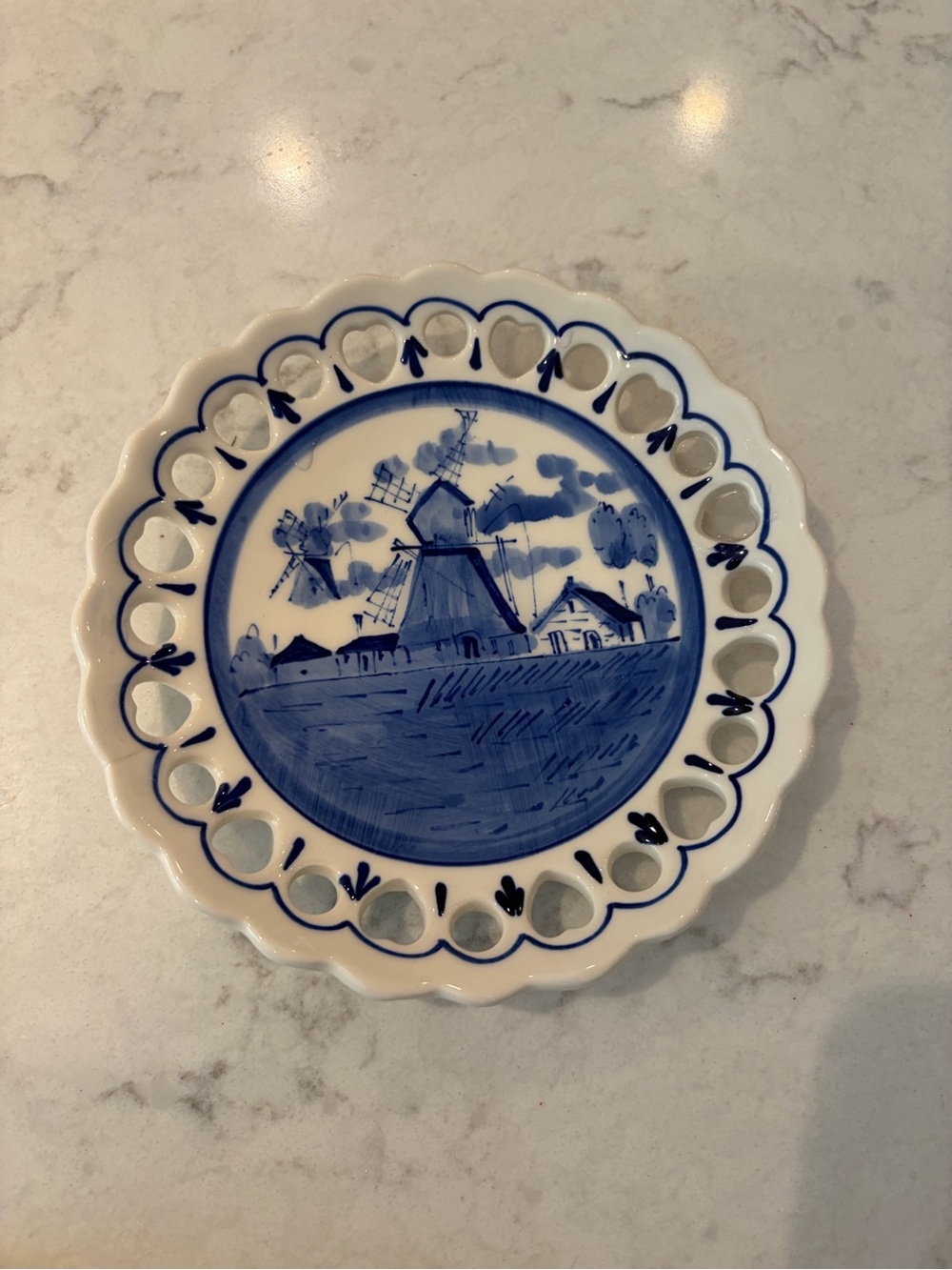 Royal Goedewaagen Delft Blue Pierced Reticulated 7” Bread Dessert Plate Windmill
